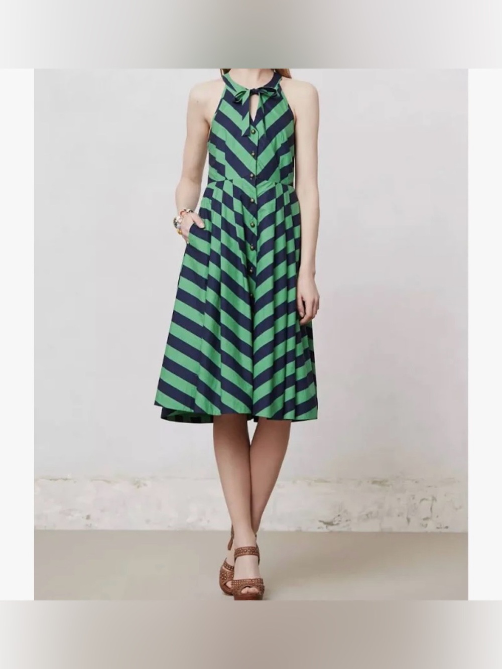 Anthropologie Girls From Savoy Emerald Ripple Dress Green Navy Stripe 0